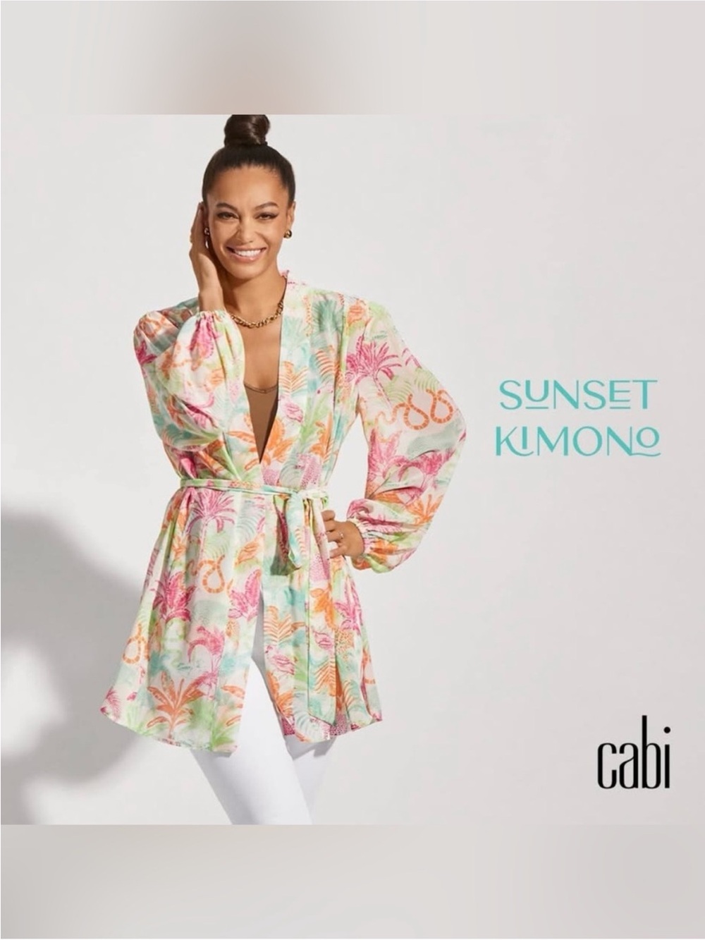Cabi Print Kimono or Bathing Suit Cover in Cream, Green, Orange, Pink